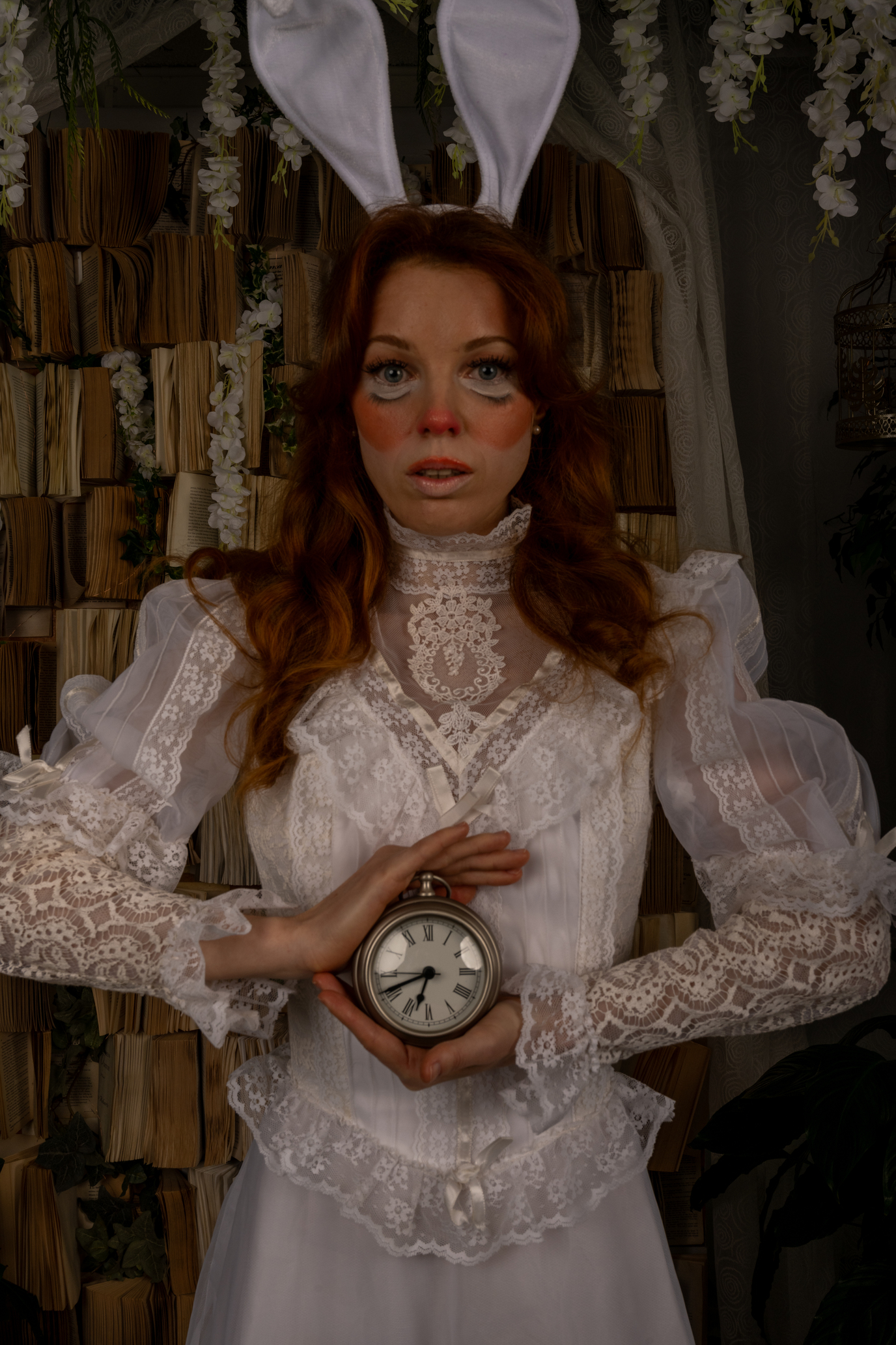 Editorial Makeup picturing portland mua's rendition of the white rabbit from alice in wonderland